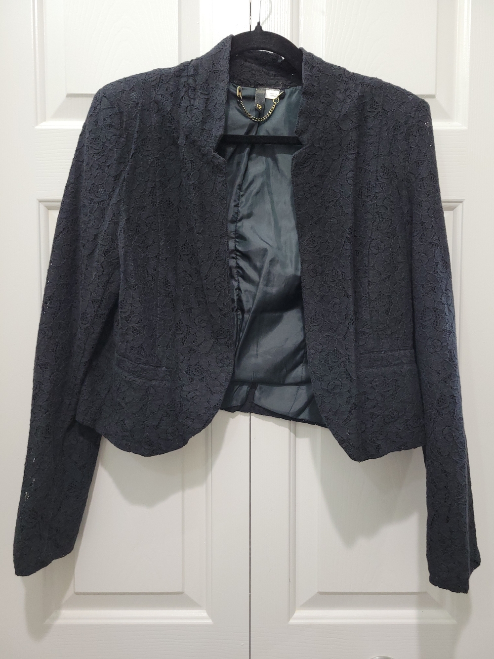 Divided For H&M Black Lace Open-Front Stand Collar Cropped Blazer Jacket